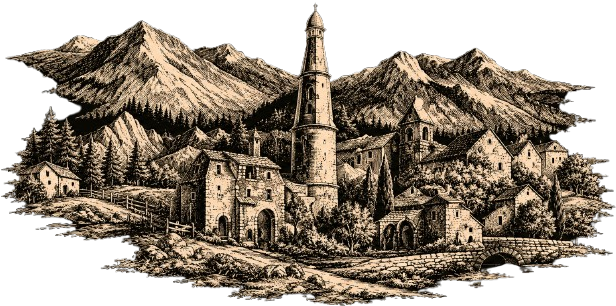 vintage alpine village engraving